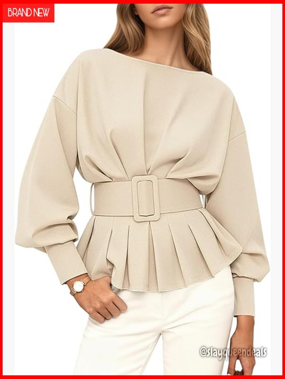 Long Sleeve Belted Peplum Sweatshirt, Slim Fit, Polyester Blend, Business Casual